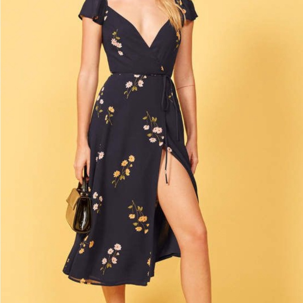 Reformation Piper Midi Wrap Dress - Navy Floral, Large, EUC